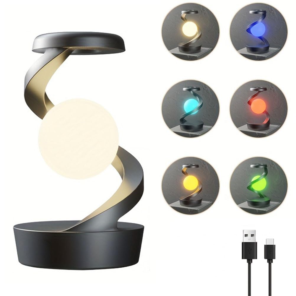 Lampada da Comodino LED Senza Fili con Sensore, Lampada da Tavolo a Spirale Ricaricabile con Caricatore Wireless, RGB Lampada a Levitazione Magnetica Rotante per Camera da Letto Salotto Ufficio,Nero