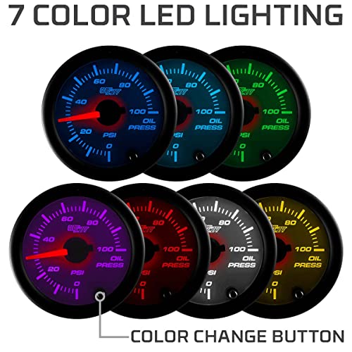 Glowshift White 7 Color 100 Psi Oil Pressure Gauge Kit - Includes Electronic Sensor - White Dial - Clear Lens - For Car & Truck - 2-1/16" 52Mm #TOP2
