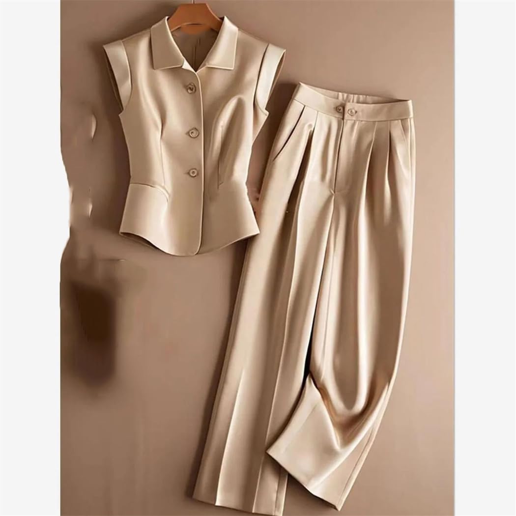 Damen Sommer Koreanisch Elegant Ärmellos Anzug Revers Einreiher Büro Lady Tops Weites Bein Hosen 2-teiliges Set