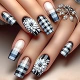 24 Stück quadratische Feld-Nägel, weiße Blumen, künstliche Nägel, Checkerboard, Stick, französische Spitze, Pressnägel