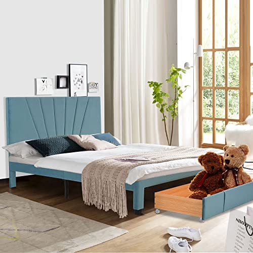 Nosga Queen Size Storage Bed Velvet Upholstered Platform Bed With A Big Drawer Comfortable Sleep 62.99 24.80 5.12 Inche Bed Frame Is Made Of Solid Mdf And Particle Board (Blue) #TOP3