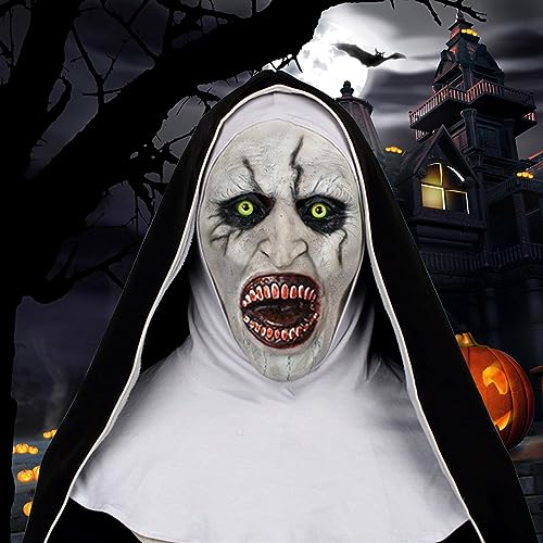 OPAHUTER Máscara de Monja Horror con Pañuelo, Máscara de Terror de Látex, Cabeza Completa, para Cosplay, Accesorios de Disfraz de Fiesta de Halloween