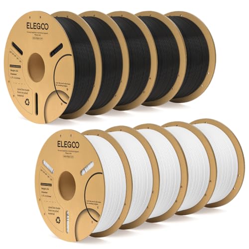 Image of ELEGOO PLA Plus Filament Bundle Black & White 10KG, 1.75mm PLA+ Tough 3D Printer Filament Dimensional Accuracy + /- 0.02mm, 10 Pack 1kg Spool(2.2lbs) Fits for Most FDM 3D Printers