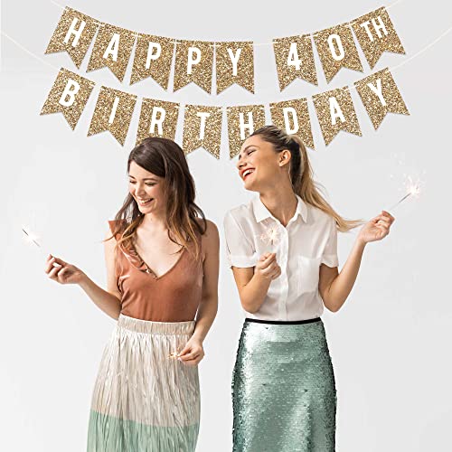 Image of Pre-Strung Happy 40th Birthday Banner - Gold Glitter Birthday Banner | No DIY - Gold Glitter 40th Party Decorations - Pre-Strung on 6 ft Strands - Bday Party Decorations & Decor