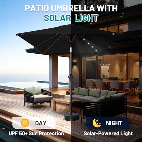 Image of AreShark 6.5' x 10' Rectangular Patio Umbrella with Solar Lights, Solar Powered Lighted Market Umbrella w /Tilt and Crank, Outdoor Table Umbrella for Garden, Deck, Backyard, Pool and Beach, Black