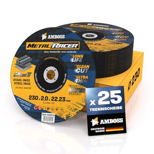 25x Metall-Trennscheibe Ø 230 x 2 x 22.23mm - Die Metalltrennscheibe Metal Racer by AMBOSS WERKZEUGE ist geeignet für Stahl & Edelstahl, Stahl/Inox Trennscheibe 230 passend für Winkelschleifer