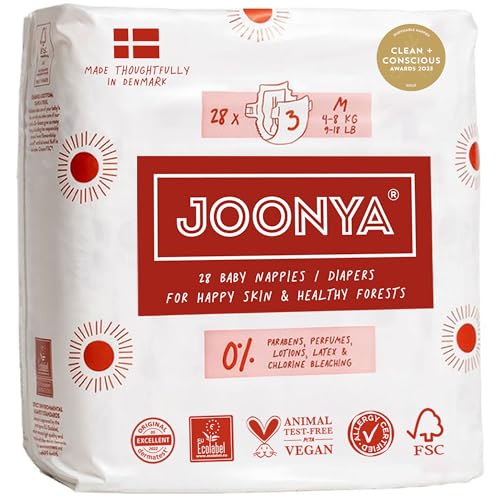 Image of Joonya Baby Diapers, Size 3 M (9-18 lb) - 1 Bag of 28 - Non Toxic, Eco-Friendly, High Absorbency, Overnight Use, Ultra Slim & Soft - Made in Denmark