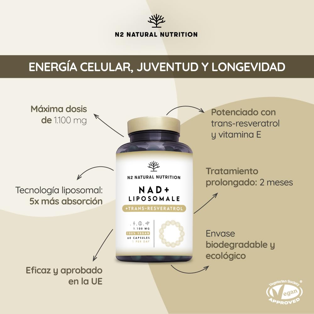 NAD Resveratrol 1100 mg. Fórmula Liposomal con Nicotinamide Riboside, Niacina y Vitamina E, Antiedad, Bienestar Cognitivo, Vitalidad y Salud Celular. N2 Natural Nutrition