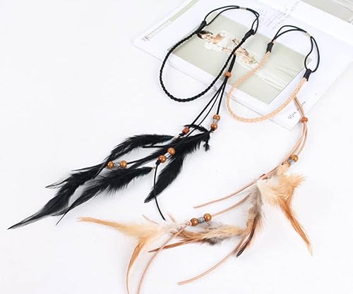 Miniatura 8 de Jumwrit Diadema de plumas bohemias para la cabeza gitana hippie indio con plumas de pavo real, diadema ajustable de cuerda de cáñamo con cuentas,