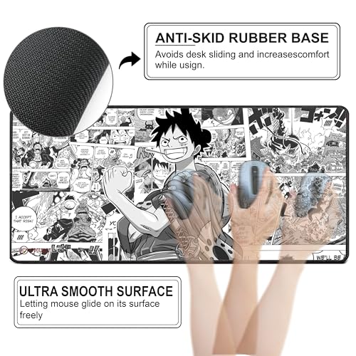 Image of Pirate Anime Mouse Pad 11x23 Inch 2mm Extended Gaming Desk Mat with Anti-Slip Rubber Base Mousepad for Smooth Surface Desk pad for PC & Laptop Use Waterproof & Stiched (Black /White) Deskpad