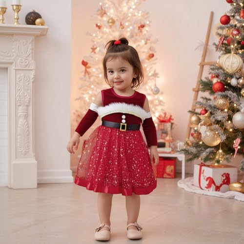 Kids Toddler Baby Girl Christmas Outfit Santa Claus Dress Velvet Stars Sleeveless Tulle Dress Oversleeves Clothes3