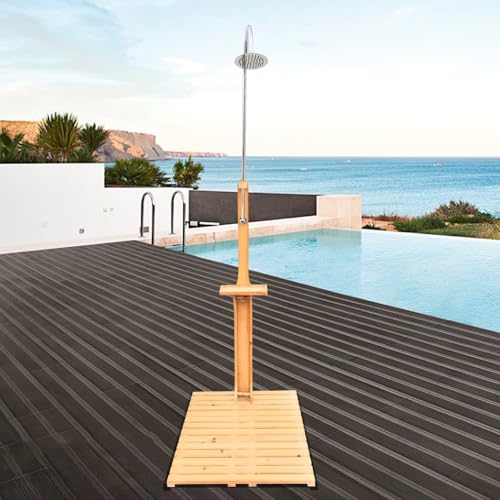 Premium Outdoor Garden Shower with Wooden Base Stand for Pool, Patio, Deck, Backyard, and Hot Tub Areas (Teak + Solid Wood)