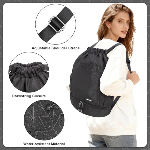 Image of HOLYLUCK Drawstring Backpack Gym Bag with Shoe Compartment for Soccer,Basketball, String Swim Beach Bag for Men Women, Black