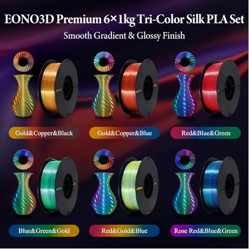 Image of Tri Colors Change Silk PLA 3D Printing Filament, 1.75mm Multicolor Filament, Dimensional Accuracy + /- 0.03mm,6 Packs 6KG Spool(13.2 lbs), Fit Most 3D Printers