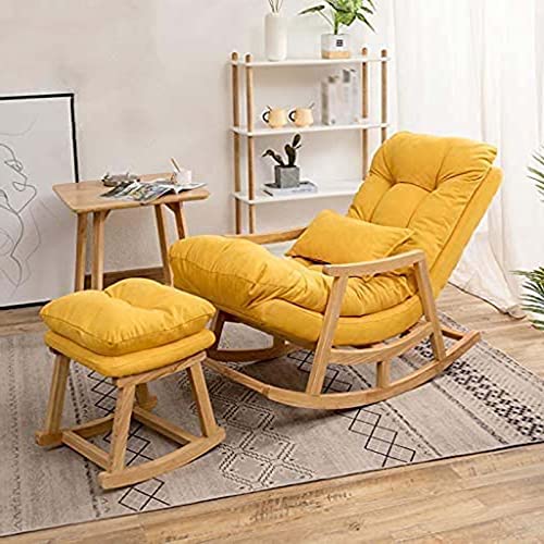 Image of CRAFTCITY Sheesham Wood Elegant Chair with Pillow and Matching Foot Stool /Living Room Chair /Rose Wood Rocking Chair,Pre-Assembled (Yellow, Rocking Chair with Ottoman)