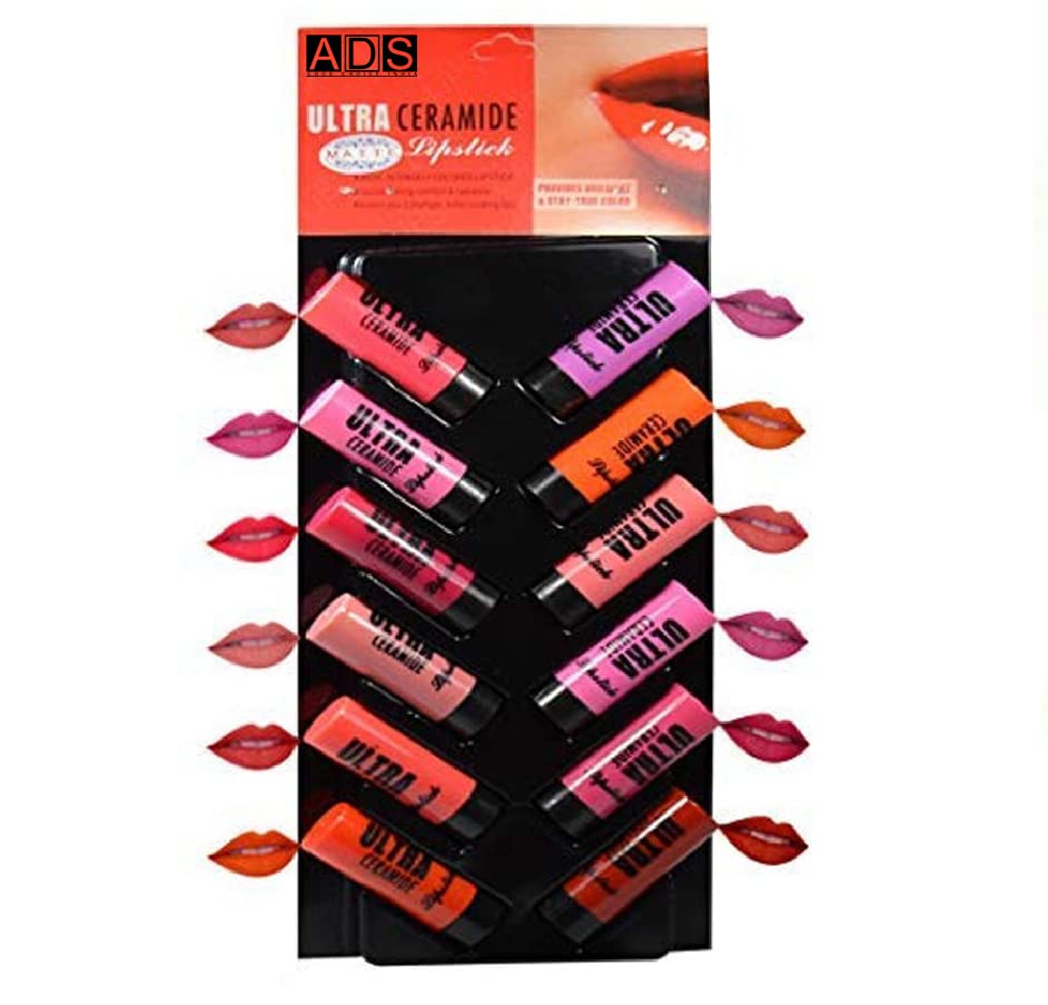 ADS Good Choice India Ultra Ceramide Lipstick Combo, Matte Finish (Pack of 12) - Multicolor