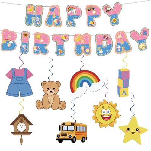 Image of Pink Blue Birthday Decorations - Cute Cartoon English Teacher Banner Garland Bunting with 8 Style Hanging Swirls for Little Girls Birthday Party Supplies