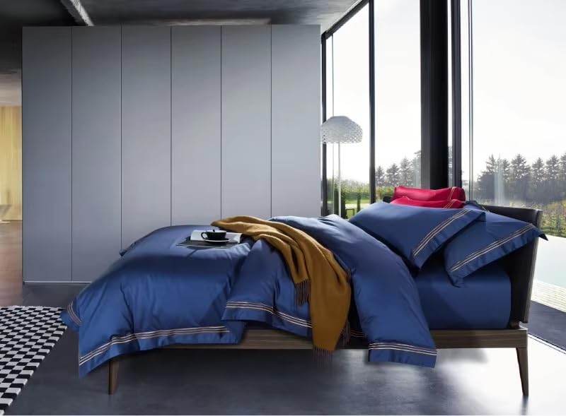 Housse de couette lit double bleu coton fin linge de lit de style européen 4 pièces