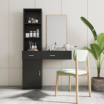 Holaki Barber Salon Station Wall Mount Hair Styling Salon Equipment Set Beauty Spa Furniture Set,Barber Table,Floating Vanity Makeup Table with Two Drawers,a Cabinet & Multi-Layer StorageBlack