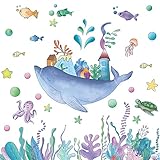 Buiory Removable 3d Cartoon Ocean Fish Whale wall decals Under the Sea View Castle Grass Coral Wall