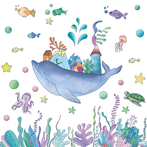 Buiory Removable 3D Cartoon Ocean Fish Whale Wall Decals Under The Sea View Castle Grass Coral Wall Sticker Diy Peel & Stick Nursery Room Art Decor For Girls Boys Babys Bedroom Living Room Classroom Bathroom Playroom Kindergarden Decorations #TOP4