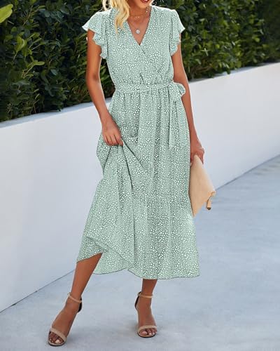 Image of BTFBM Women Summer Bohemian Floral Casual Wrap V Neck Ruffle Cap Sleeveless Belt A-Line Pleated Hem Midi Sun Dress White