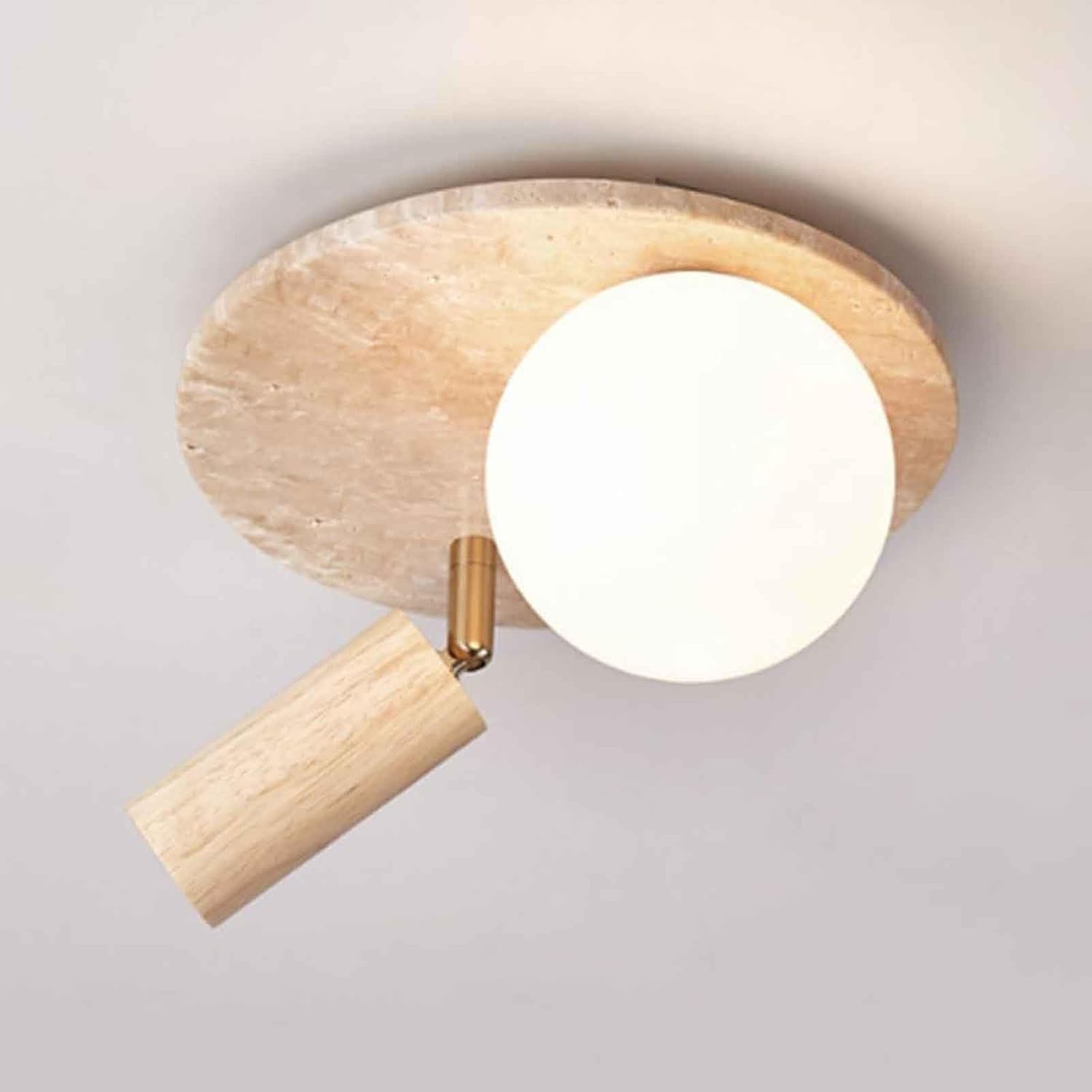 Wabi-sabi Art Ceiling Light Fixtures, Flush Mount Marble Natural Stone Ceiling Lamps, with Spotlight Milk Glass Ceiling Lights Round Lamp for Entryw Bedroom, Living Room(Raw Wood)