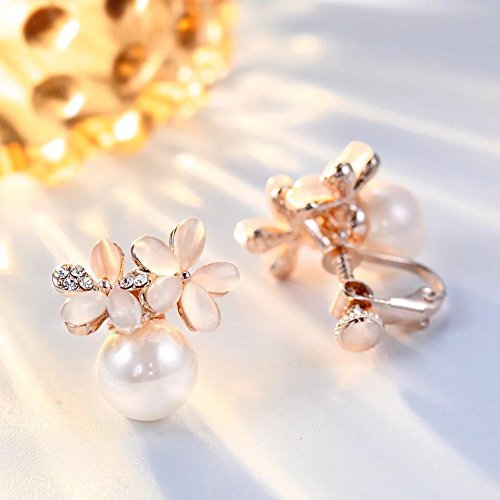 Jewelryland Soft Pink Cat Eye Stones Flower White Simulate Pearl Clip-On Cluster Earrings #TOP1