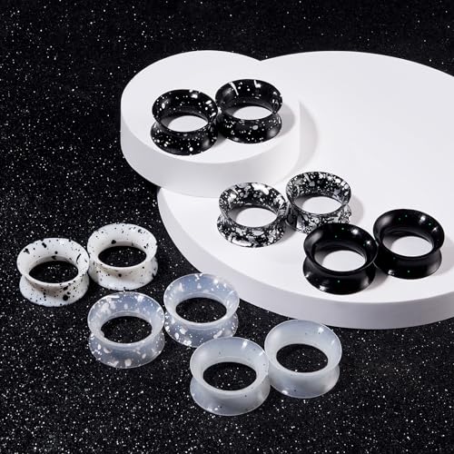 Longbeauty 12er Set Schwarz Weiß Silikon Ohr Tunnel Set mit Punkten Ohr Piercing Schmuck 10mm