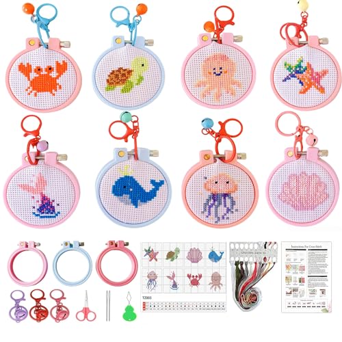 VIGEGU 8 Pack Stamped Cross Stitch Kits for Kids Beginners with Frame
