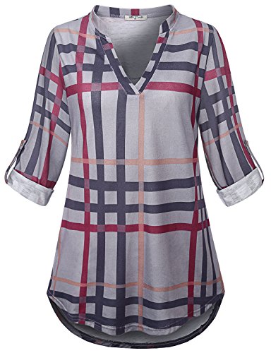 Plaid Tunic,SeSe Code Women Shirts for Leggings Modern Designer Hi Low Hem Soft Surroundings Beautiful Polyester Knitting Draped Pleated Blouse Black and Gray M