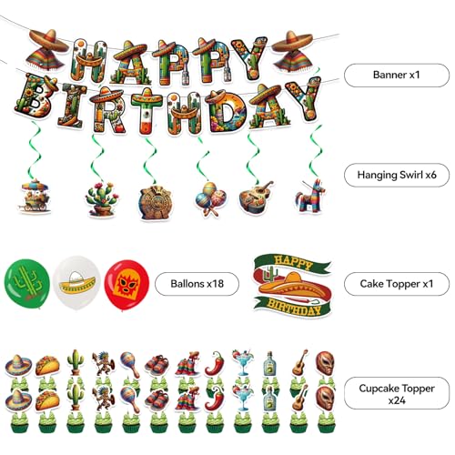 Image of Mexican Birthday Decoration Set, Mexico Fiesta Happy Birthday Banner, Party Supplies with Banner, Hanging Swirl, Balloon, Cake Topper, Cupcake Topper