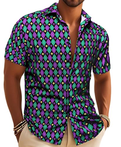 Mens Mardi Gras Shirt Short Sleeve Button Down Novelty Carnival Summer No Tuck Dress Shirts New Orleans Parade Masquerade Purple Green