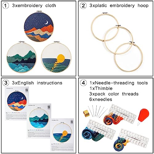 Image of Embroidery Kits for Beginners Adults, Stamped Cross Stitch kits for Adult Beginners Embroidery Starter Kit with Pattern, 3 Embroidery Hoop and Fabric, Needles Threads (Attached Teaching Video QR Code)
