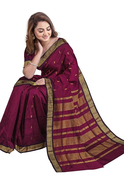 Image of Women's Premium Kanjivaram Cotton Silk Saree South Indian Paithani Sari | Gadwal Cotton Sarees Zari Border with Blouse Piece - Elegant Wedding & Festival Saree | Lightweight & Comfortable Brown 01