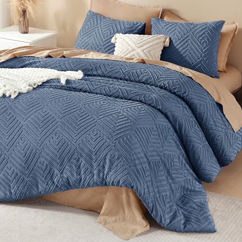 Image of Litanika Oversized King Comforter Set Ocean Blue, 3 Pieces Tufted Boho Farmhouse Bedding Comforter Set, Lightweight Fluffy All Season Comforter Set (120x98In Comforter & 2 Pillowcases)