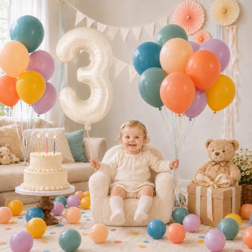 Image of 40 Inch Boho Rainbow Number 3 Balloon Tower for 3rd Birthday Decorations