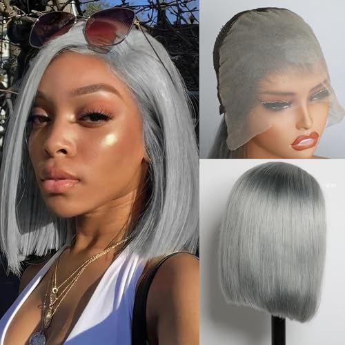 Grey Bob Wig Human Hair 13x6 Lace Front Wig Straight Glueless Bob Wig Transparent Lace Pre Plucked with Baby Hair 180 Density Brazilian Remy Short Wigs for Black Women--14 Inch Human Hair Wig
