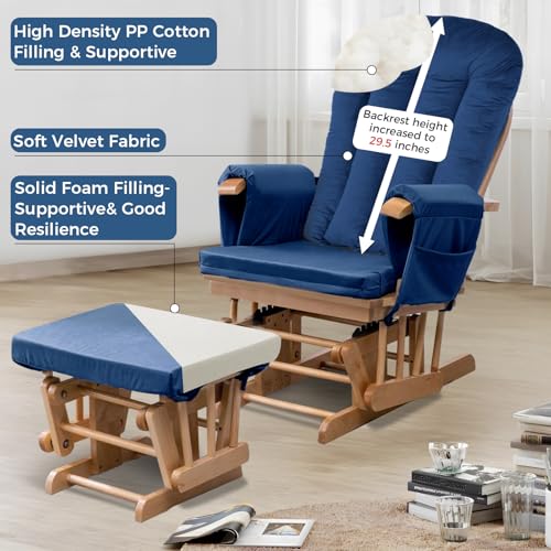 Image of Lucky Monet 5PCS Velvet Glider Rocker Replacement Cushions, Thickened & Supportive Rocking Chair Cushion Set with 29.5 Inch High Backrest & Storage Pockets, for Indoor Nursery Glider & Ottoman, Blue