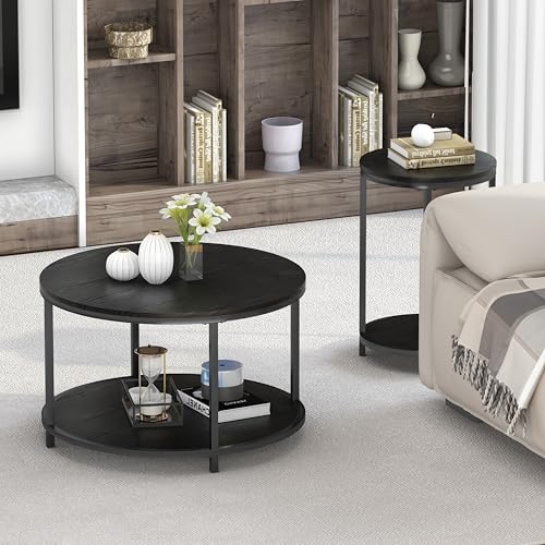 Image of NSdirect Round Coffee Table, 25.6 inch Small Coffee Table for Living Room,2-Tier Rustic Wood Desktop with Storage Shelf Modern Design Home Furniture(Black)