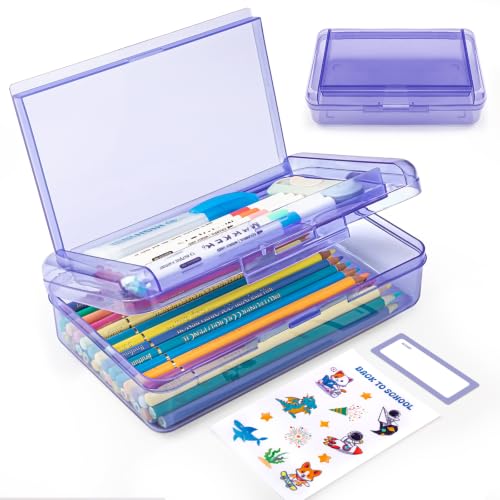 Image of Double Layer Plastic Clear Hard Pencil Cases Box with Personalized sticker | Colored Cute Pen Cases Box for School Office Supplies Marker Crayon Organizer Storage Box,Standard Size