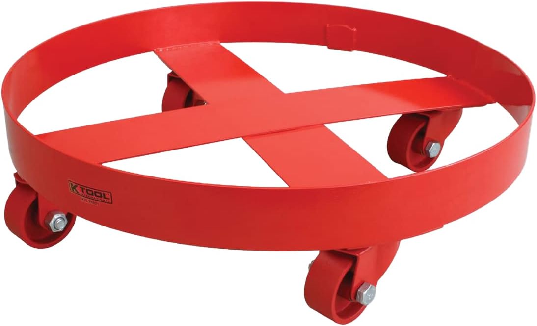 K Tool International 74923 18" Drum Dolly for Garages, Repair Shops and DIY, 55 Gallon, 1200 lbs. Capacity, 6" Height, (4) Welded Cast Iron Wheels, Red