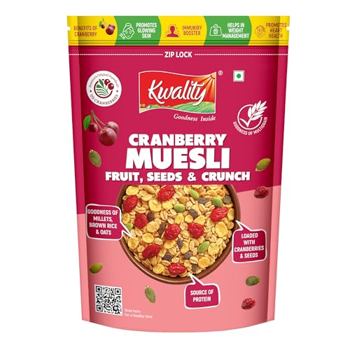 Image of Kwality Muesli Cranberry, Fruits, Seeds & Crunch 400g | 69% MultiGrains Mix | Goodness Millets Brown Rice & Oats | High-Fibre, Protein-Rich Multigrain Breakfast Cereal with Rolled Oats, Super Seeds & Real Cranberries | No Preservatives