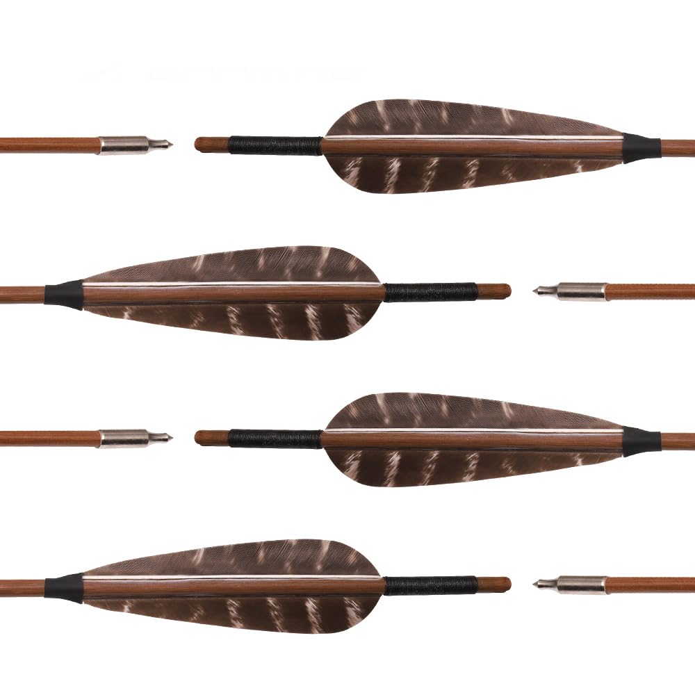 12 pz Frecce di bambù 33” Lunghezza Albero OD 7mm 8mm 5" Piuma di Tacchino Freccia de 2 Vane per Arco Ricurvo Tradizionale Arco Lungo Caccia Pratica di Tiro con L'Arco