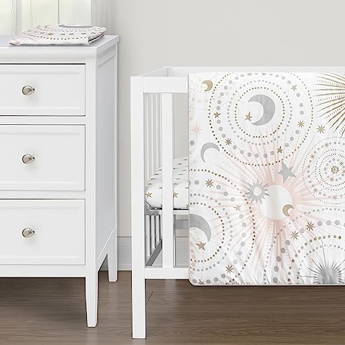 Image of Sweet Jojo Designs Blush Pink Gold Star and Moon Girl Baby Mini Crib Bedding Set for Infant Nursery Room Newborn Blanket and Portable Pack n Play Sheets 3pc Grey Celestial Sky Stars Gray Shabby Chic