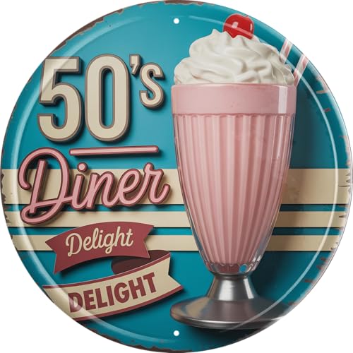 AWISZZZ 50s Diner Delight Metal Sign 8x8in Round Retro Plaque for Kitchen Wall Decor Vintage Gift