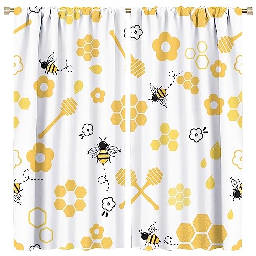 HZOHNAGO Bee Curtain Cartoon Cute Bees Yellow Honeycomb Flower Pattern Blackout Print Rod Pocket Window Drapes for Bedroom Living Room 42x54in