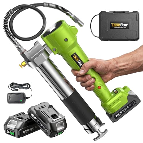 TaskStar Grease Gun with Lock-On Trigger for Effortless Greasing, Cordless Electric Grease Gun Kit, 2 Batteries, 40' Hose & LED Light, 14 oz Capacity for Tractor, Truck & Equipment Maintenance