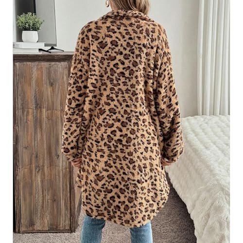 Women's Faux Fur Long Jacket Fleece Leopard Printed Button Down Coats Lapel Flannel Jacket Winter Fall Outwear3