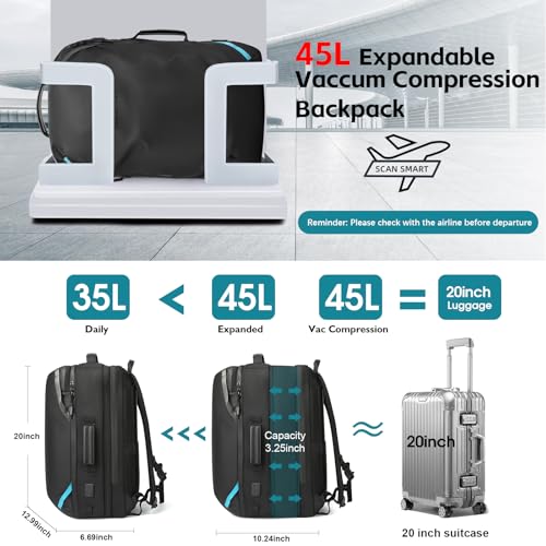 Image of TANGCORLE Vacuum Compression Backpack with Pump, Extra Large Capacity 47L Expandable Travel Backpack, Water Resistant 17.3 inch Laptop Backpack with USB Charging Port for Men & Women
